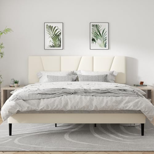 CXVX King Size Platform Bed Frame with Geometric Upholstered Headboard
