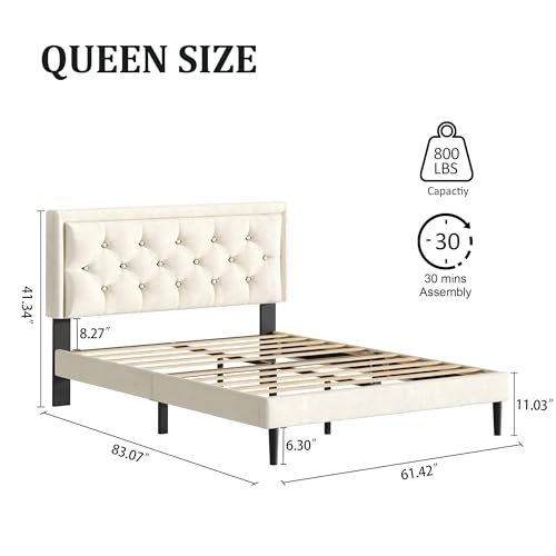 CXVX Queen Size Platform Bed Frame with Upholstered Velvet Button Tufted Headboard