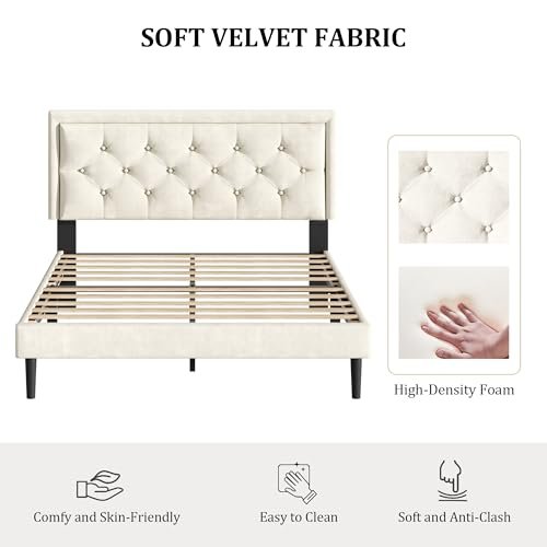 CXVX Queen Size Platform Bed Frame with Upholstered Velvet Button Tufted Headboard