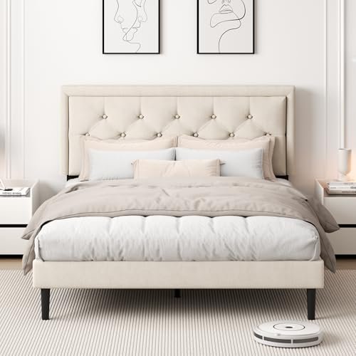 CXVX Queen Size Platform Bed Frame with Upholstered Velvet Button Tufted Headboard