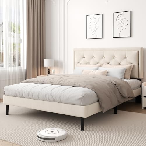 CXVX Queen Size Platform Bed Frame with Upholstered Velvet Button Tufted Headboard